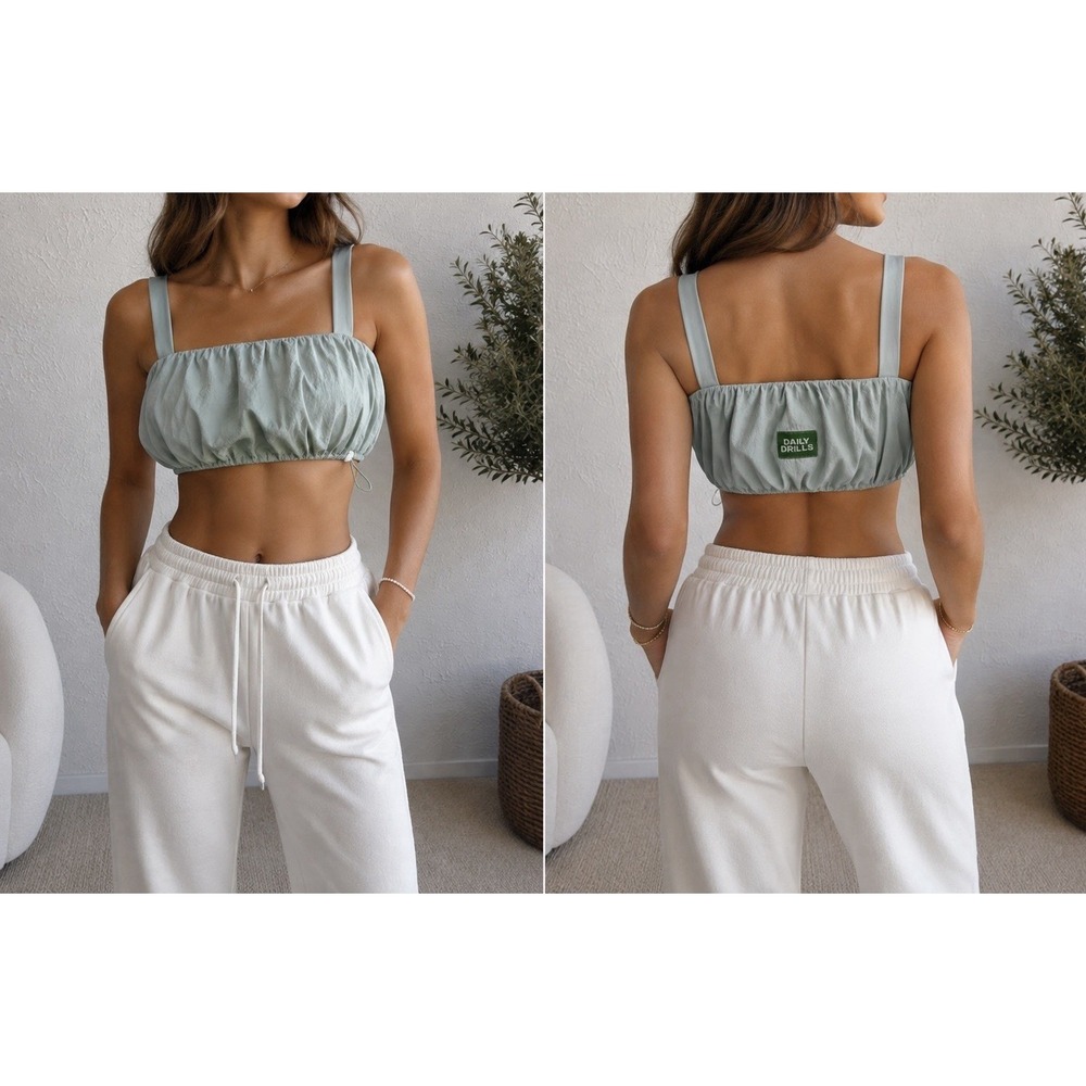 Daily Drills Women's Size S.Sage Green Ruched Crop Top 100% Nylon Back Logo